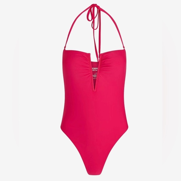 NEW with Tags (NWT) Express Fuchsia Ruched V-wire Halter One-piece Swimsuit - Picture 1 of 10
